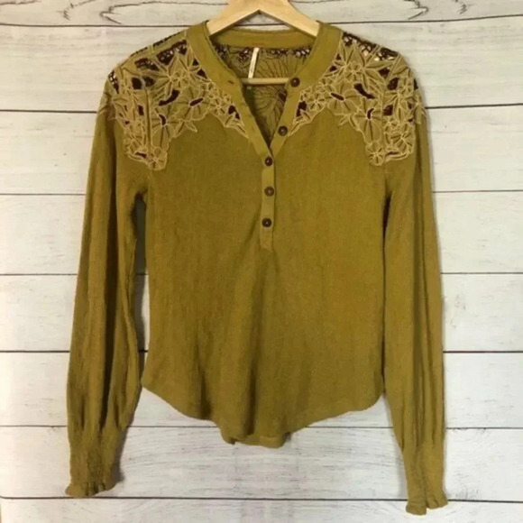 Free People Easy Breezy Henley Lace Back Boho Long Sleeve Thermal T-Shirt XS - Picture 2 of 6